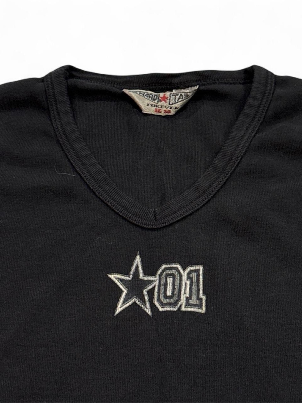Y2K Black long sleeve v neck baby tee shirt with star and 01 graphic